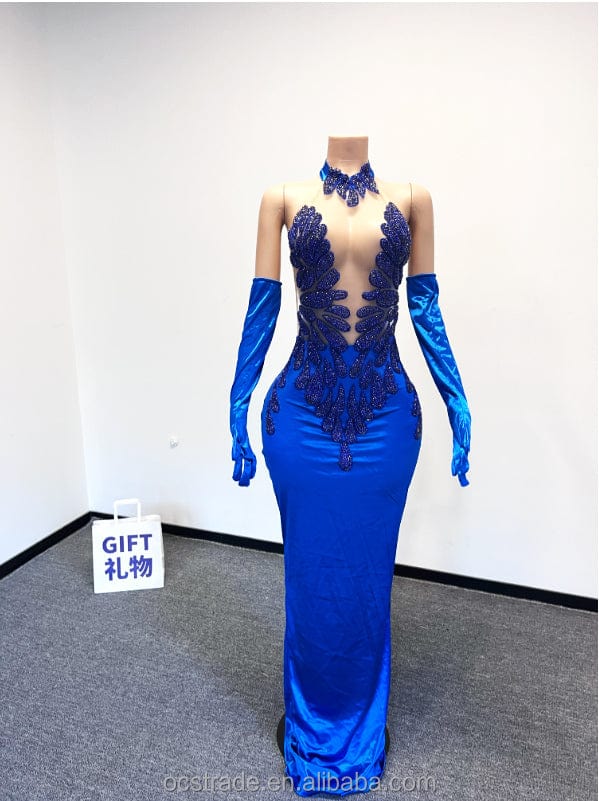 Ocstrade Evening Gowns For Women Dress Long Royal Blue Sexy Rhinestone Bodice Applique Dresses Luxury Green Prom Dresses