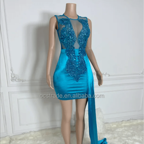 Ocstrade In Stock Ladies Birthday Dresses Beaded Evening Dresses Side Hem Shiny Fishnet Rhinestone Bodice Party Club Dress Sexy