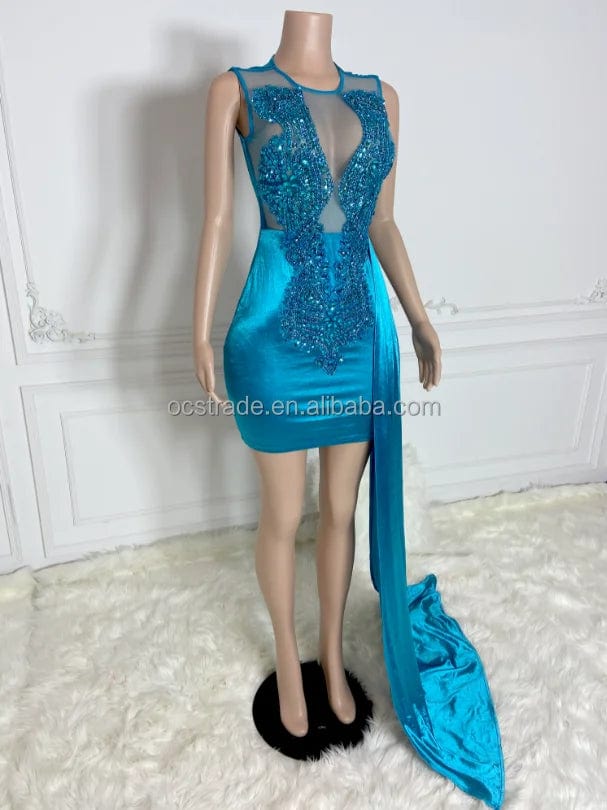 Ocstrade In Stock Ladies Birthday Dresses Beaded Evening Dresses Side Hem Shiny Fishnet Rhinestone Bodice Party Club Dress Sexy