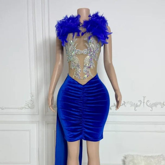 Ocstrade IN Stock Velvet Long Hem  Blue Feather Rhinestone Birthday Party Dresses Sexy Mini Club Dress