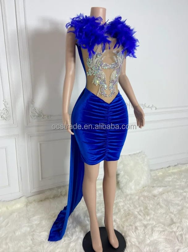 Ocstrade IN Stock Velvet Long Hem  Blue Feather Rhinestone Birthday Party Dresses Sexy Mini Club Dress