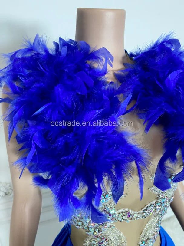 Ocstrade IN Stock Velvet Long Hem  Blue Feather Rhinestone Birthday Party Dresses Sexy Mini Club Dress