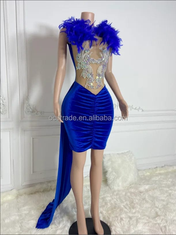 Ocstrade IN Stock Velvet Long Hem  Blue Feather Rhinestone Birthday Party Dresses Sexy Mini Club Dress