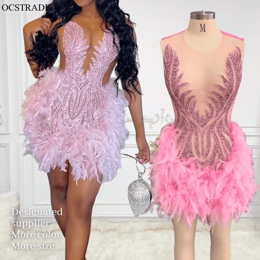 Ocstrade Luxurious Bling Women Pink Sexy Club Dresses Sparkly Diamond Mesh Mini Dress Feather Rhinestone Birthday Party Dresses