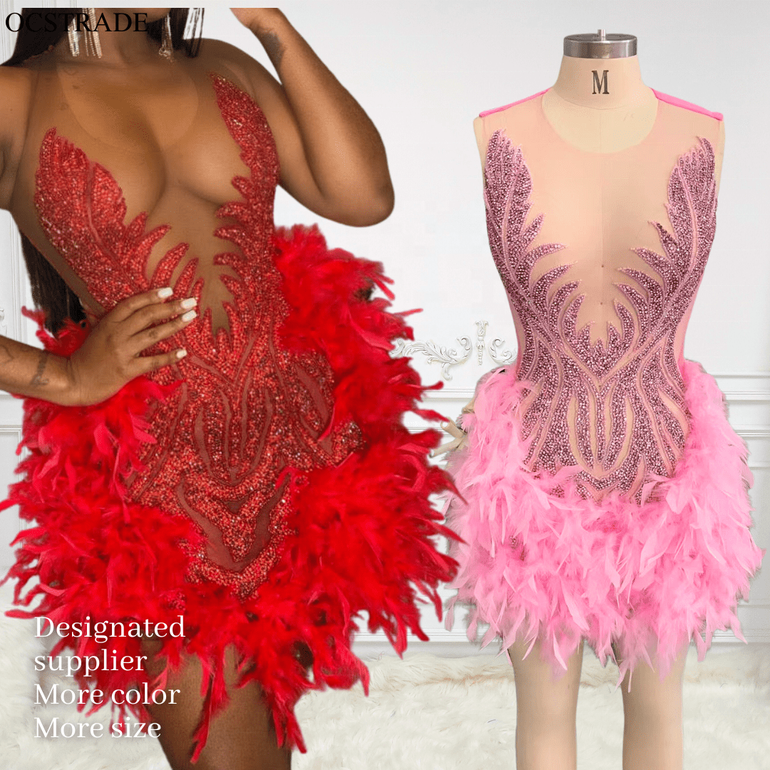 Ocstrade Luxurious Bling Women Pink Sexy Club Dresses Sparkly Diamond Mesh Mini Dress Feather Rhinestone Birthday Party Dresses