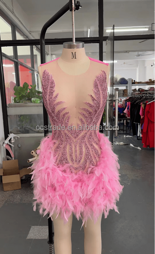 Ocstrade Luxurious Bling Women Pink Sexy Club Dresses Sparkly Diamond Mesh Mini Dress Feather Rhinestone Birthday Party Dresses