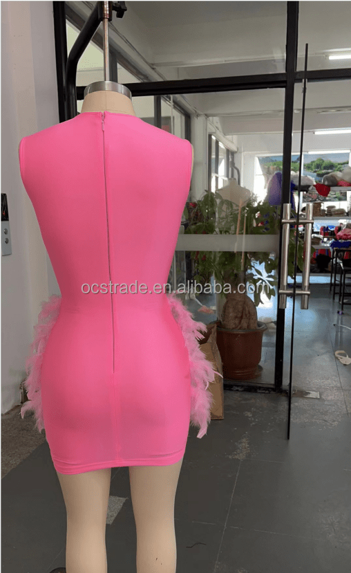 Ocstrade Luxurious Bling Women Pink Sexy Club Dresses Sparkly Diamond Mesh Mini Dress Feather Rhinestone Birthday Party Dresses