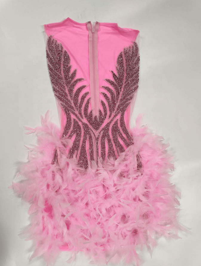 Ocstrade Luxurious Bling Women Pink Sexy Club Dresses Sparkly Diamond Mesh Mini Dress Feather Rhinestone Birthday Party Dresses