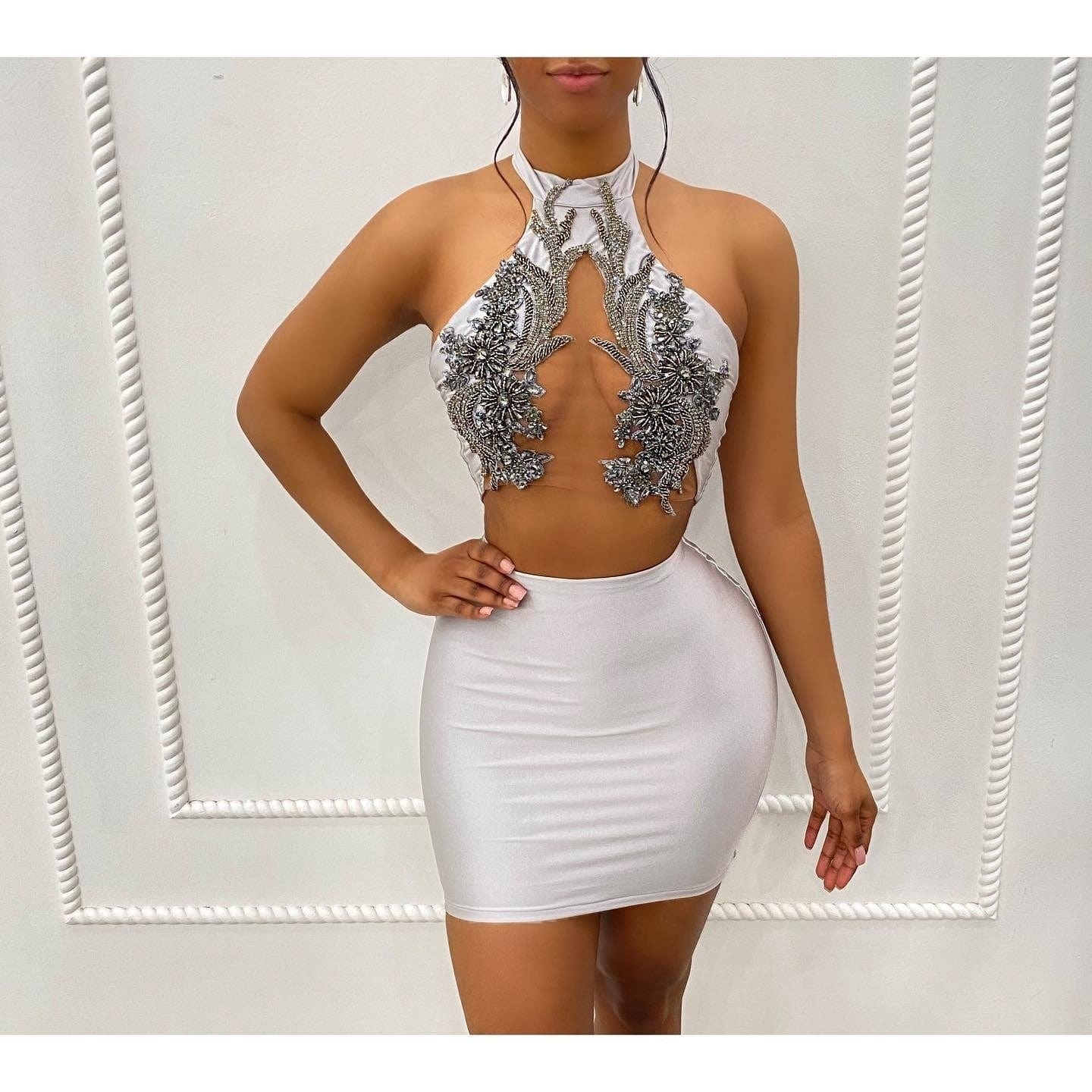 Ocstrade Rhinestone Top Mini Skirt Sets Women 2 Piece Outfits 2023 Sleeveless Sexy Halter Top Two Piece Set Club Night Dress