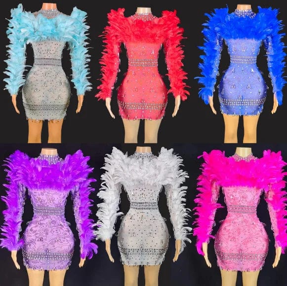 Ocstrade Singing Costumes For Concert Performances Bling Sequin And Feathers Party Dresses Light Blue Long Sleeve Mini Dress