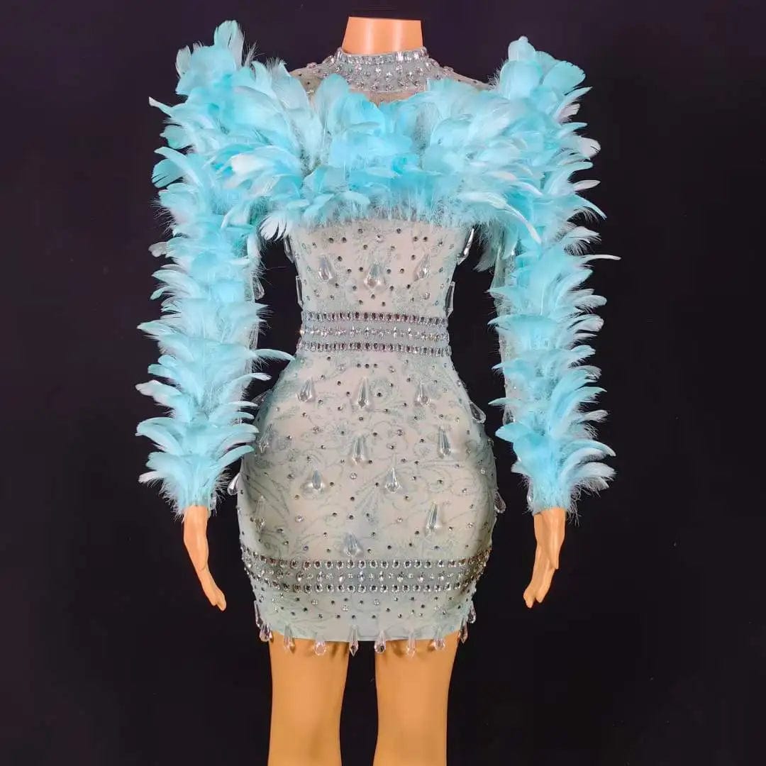 Ocstrade Singing Costumes For Concert Performances Bling Sequin And Feathers Party Dresses Light Blue Long Sleeve Mini Dress