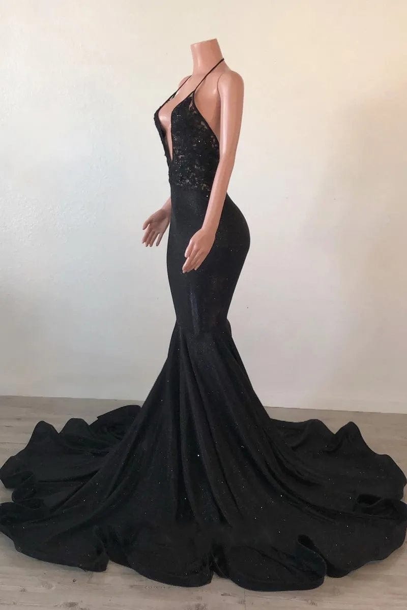 Ocstrade Spaghetti Strap Plunging V Neck Backless Evening Dress Black Lace Glitter Glossy Trumpet Long Train Prom Dresses 2023