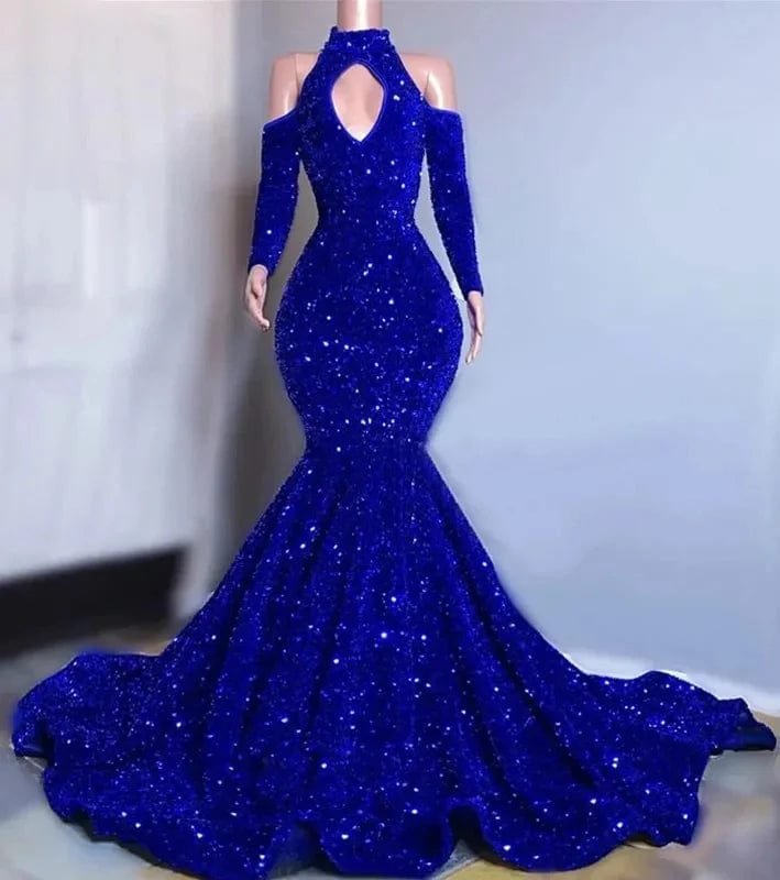 Ocstrade Sparkly  Long Train Dresses For Women Party Wedding Evening Off Shoulder Royal Blue Sequin Long Sleeves Prom Dress 2023