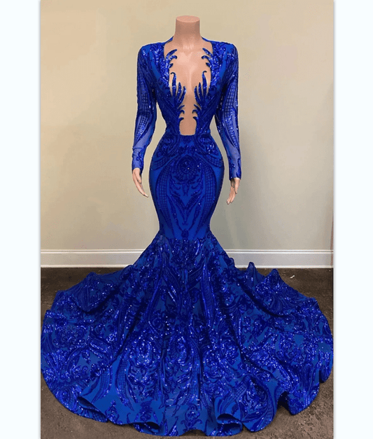 Ocstrade Sparkly Sequin Mermaid Black Girl Royal Blue Prom Dresses Long Sleeve Sheer Plunging Neck Evening Ball Gown Prom Dress