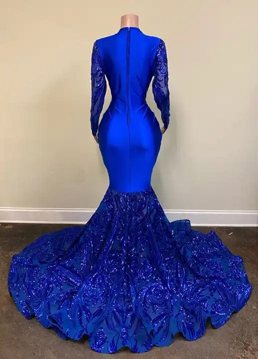 Ocstrade Sparkly Sequin Mermaid Black Girl Royal Blue Prom Dresses Long Sleeve Sheer Plunging Neck Evening Ball Gown Prom Dress