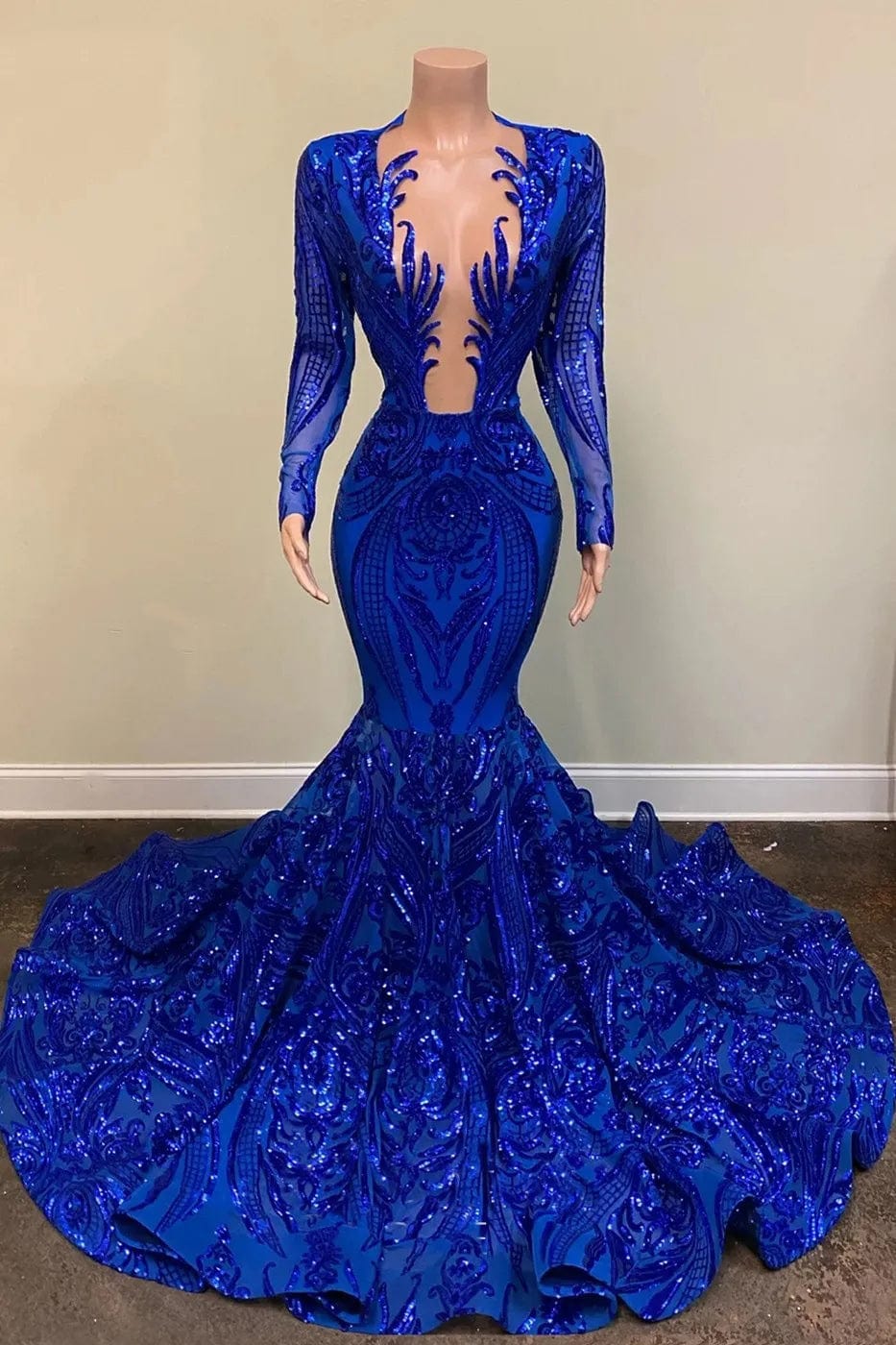 Ocstrade Sparkly Sequin Mermaid Black Girl Royal Blue Prom Dresses Long Sleeve Sheer Plunging Neck Evening Ball Gown Prom Dress