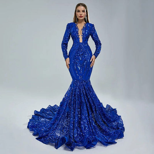 Ocstrade Sparkly Sequin Mermaid Black Girl Royal Blue Prom Dresses Long Sleeve Sheer Plunging Neck Evening Ball Gown Prom Dress