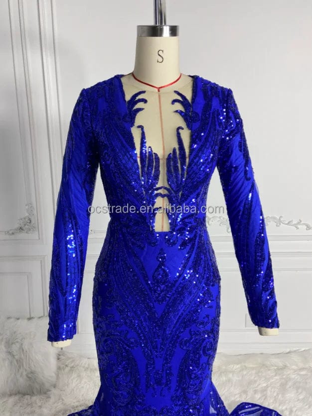 Ocstrade Sparkly Sequin Mermaid Black Girl Royal Blue Prom Dresses Long Sleeve Sheer Plunging Neck Evening Ball Gown Prom Dress