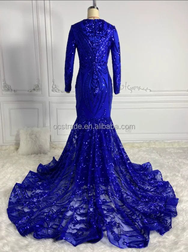 Ocstrade Sparkly Sequin Mermaid Black Girl Royal Blue Prom Dresses Long Sleeve Sheer Plunging Neck Evening Ball Gown Prom Dress