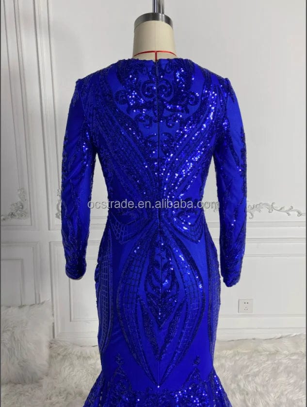 Ocstrade Sparkly Sequin Mermaid Black Girl Royal Blue Prom Dresses Long Sleeve Sheer Plunging Neck Evening Ball Gown Prom Dress