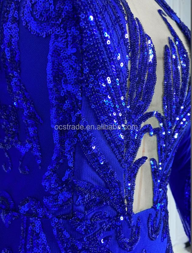 Ocstrade Sparkly Sequin Mermaid Black Girl Royal Blue Prom Dresses Long Sleeve Sheer Plunging Neck Evening Ball Gown Prom Dress