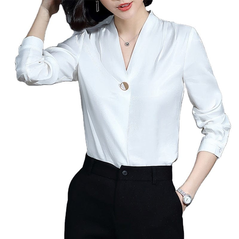 OEM Less is More Simple Wholesale High-quality Elegant Shirt V-neck Collar White Women Clothes Tops Office Ladies Blouses