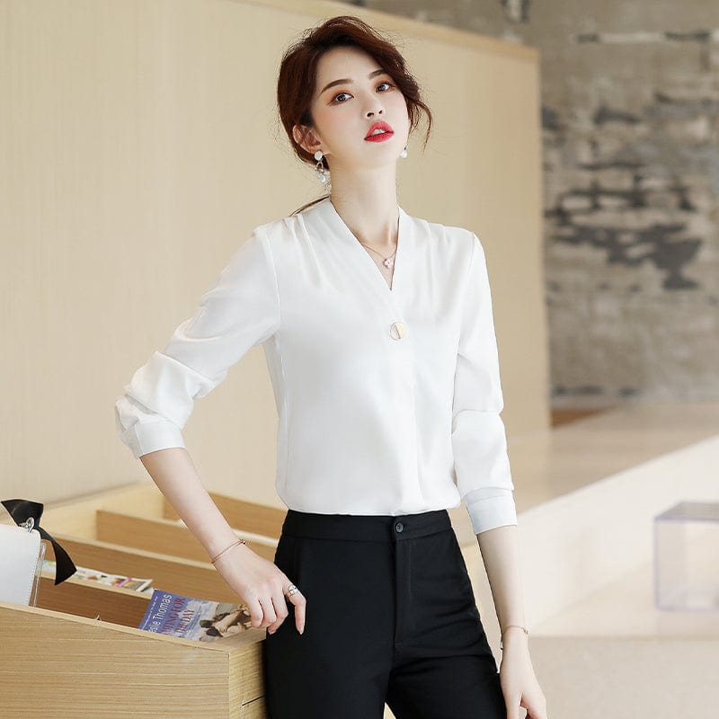 OEM Less is More Simple Wholesale High-quality Elegant Shirt V-neck Collar White Women Clothes Tops Office Ladies Blouses