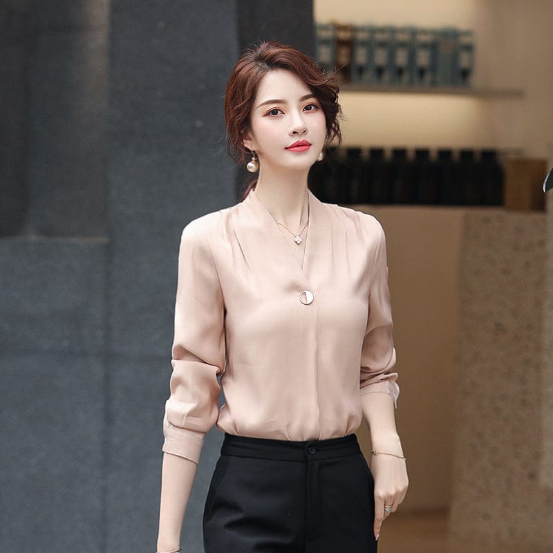 OEM Less is More Simple Wholesale High-quality Elegant Shirt V-neck Collar White Women Clothes Tops Office Ladies Blouses