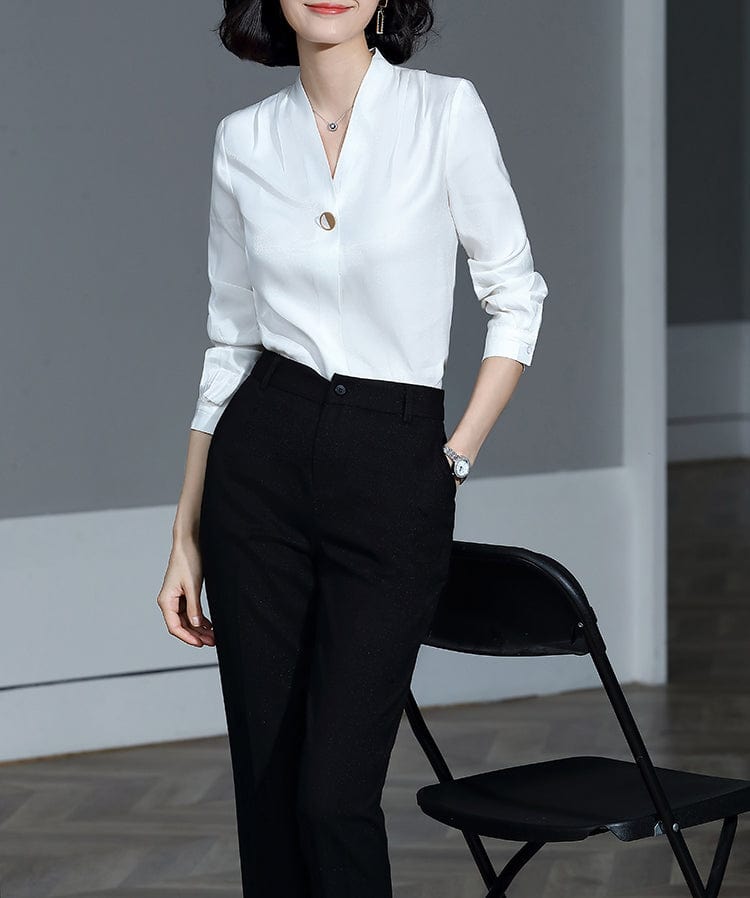 OEM Less is More Simple Wholesale High-quality Elegant Shirt V-neck Collar White Women Clothes Tops Office Ladies Blouses