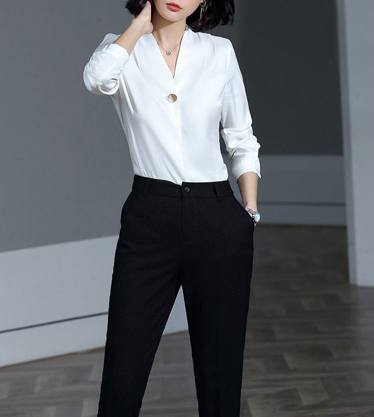 OEM Less is More Simple Wholesale High-quality Elegant Shirt V-neck Collar White Women Clothes Tops Office Ladies Blouses