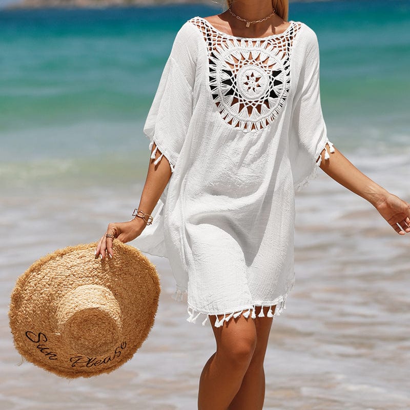 OEM ODM Beach Cover Up Dress Wholesale One Piece Swimwear V Neck Hollow Out Swimsuit Crochet Chiffon Summer Beach Cover Up Dress