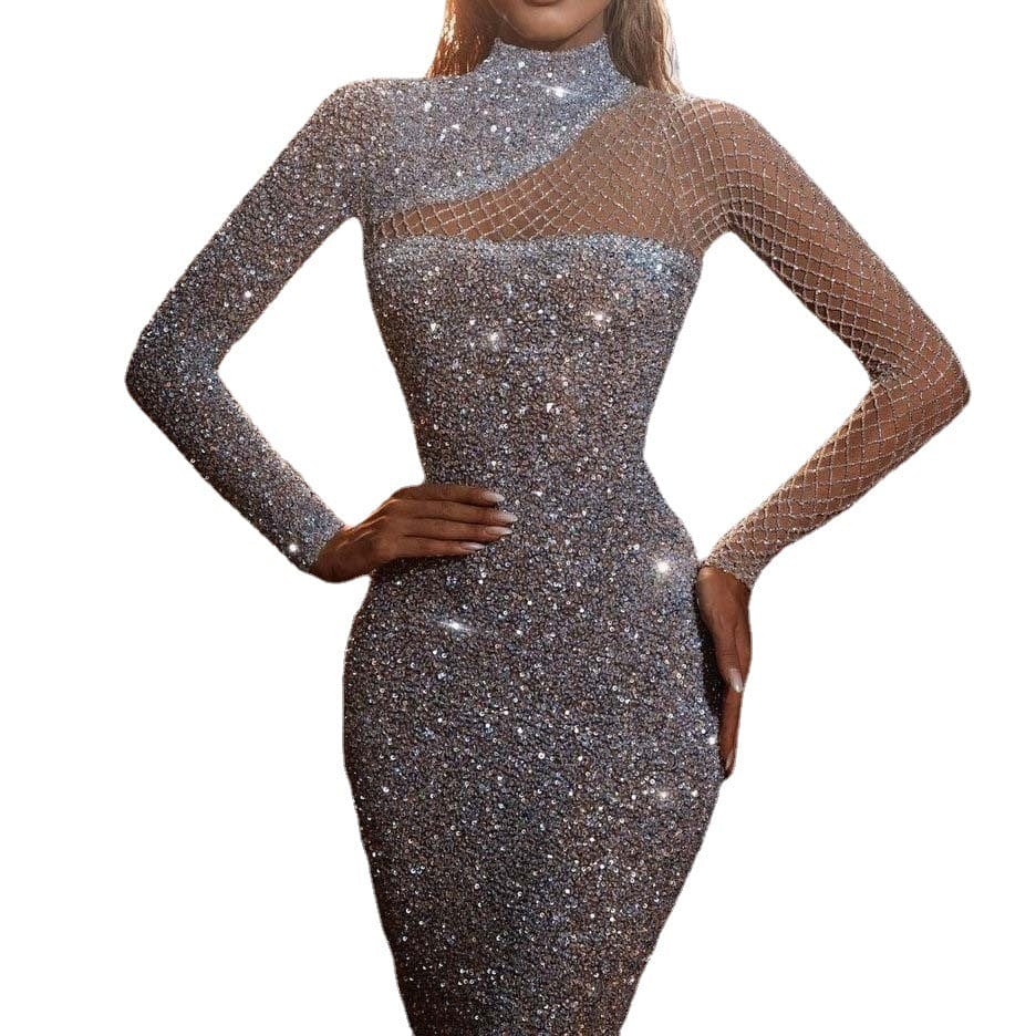 OEM/ODM New evening dresses 2024 sequin Elegant Lady Hollow Off Shoulder Evening Dress Round Neck Slim Sequin Dress Women