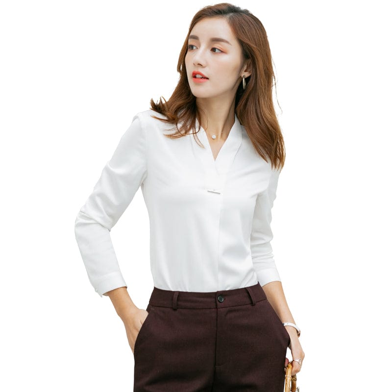 OEM Satin New Fabric High-quality V-Neck Shirt for Women Blouse Elegant Tops Female Full-Sleeve Office Lady Work Wear