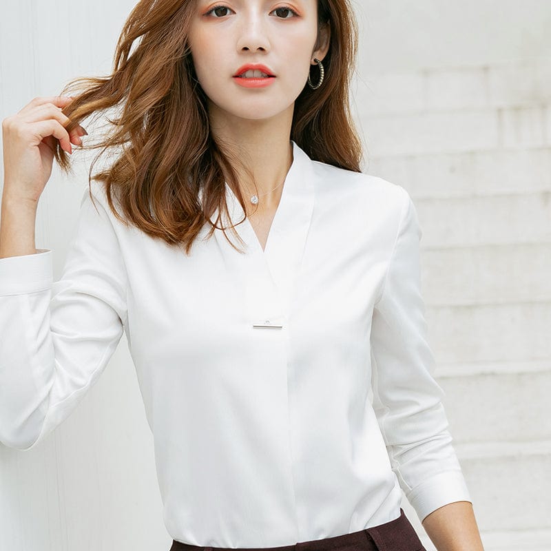 OEM Satin New Fabric High-quality V-Neck Shirt for Women Blouse Elegant Tops Female Full-Sleeve Office Lady Work Wear