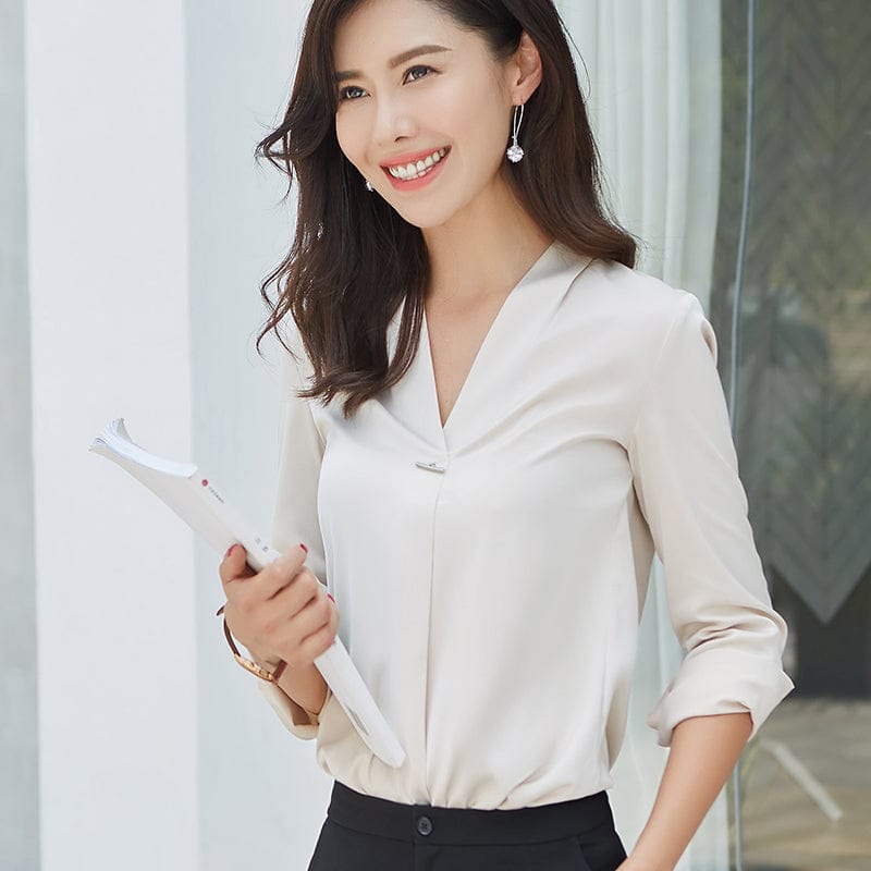 OEM Satin New Fabric High-quality V-Neck Shirt for Women Blouse Elegant Tops Female Full-Sleeve Office Lady Work Wear