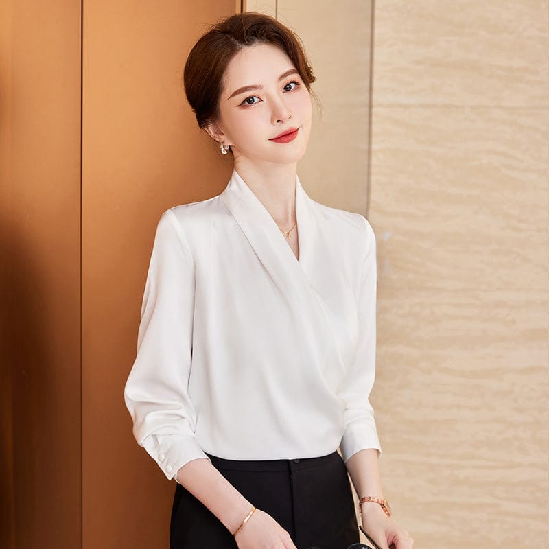 OEM Wholesales Simple High-quality Elegant Shirt V-neck White Women Clothes Tops Office Ladies Blouses