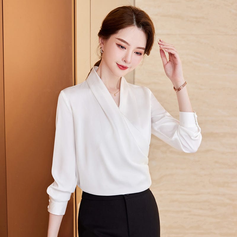 OEM Wholesales Simple High-quality Elegant Shirt V-neck White Women Clothes Tops Office Ladies Blouses