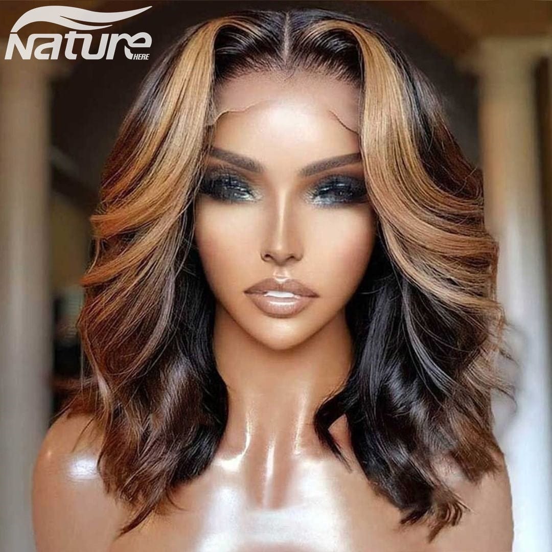 Ombre 4-27# Blonde Human Hair Lace Wig Highlight Short Body Wave Lace Front Human Hair Wigs Pre Plucked Brazilian Remy Hair