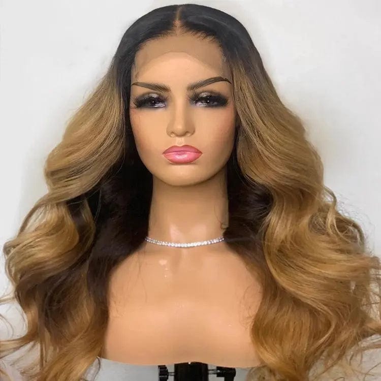 Ombre Blonde Brown Brazilian Virgin Human Hair Wigs Lace Frontal Body Wave Dark Roots Cuticle Aligned Lace Front Wig