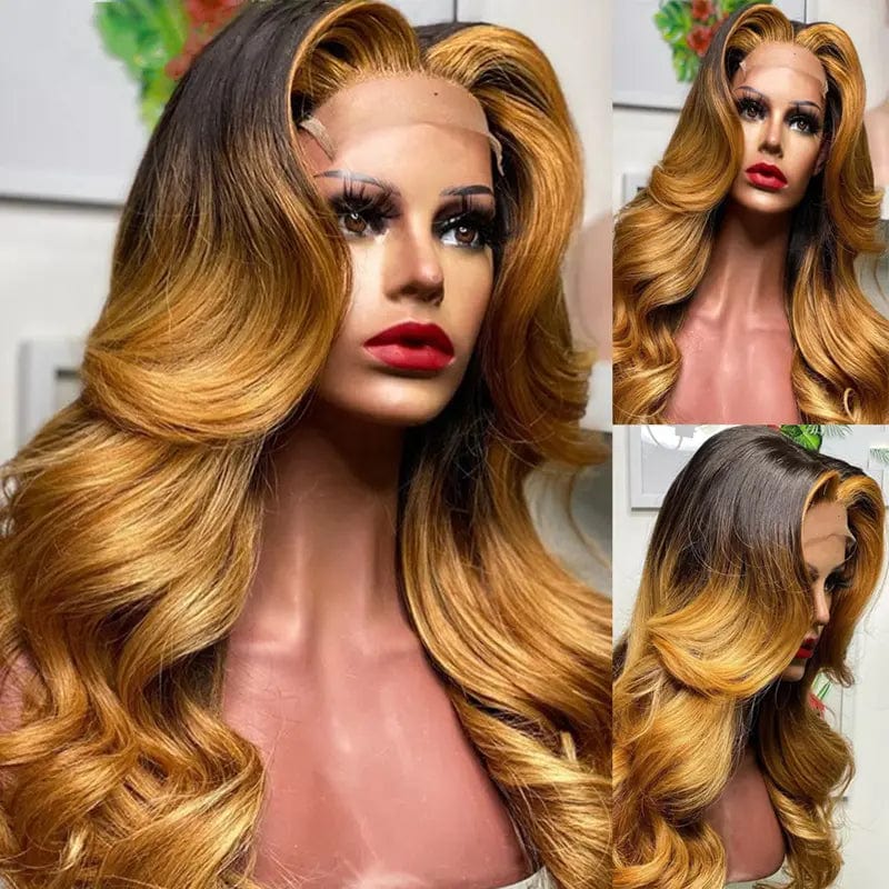 Ombre Blonde Highlight Human Hair 13*4 Lace frontal Wigs With Brazilian Virgin Natural Waves Lace Front Wigs