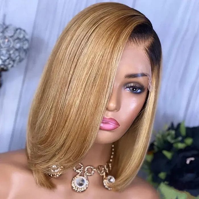 Ombre Blonde Virgin Human Hair Bob Cut Lace Front Wig For Women Side Part Straight  Glueless Pixie Bob Cut Wigs Lace Frontal