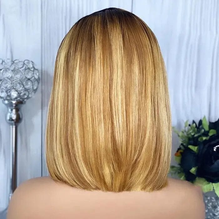 Ombre Blonde Virgin Human Hair Bob Cut Lace Front Wig For Women Side Part Straight  Glueless Pixie Bob Cut Wigs Lace Frontal