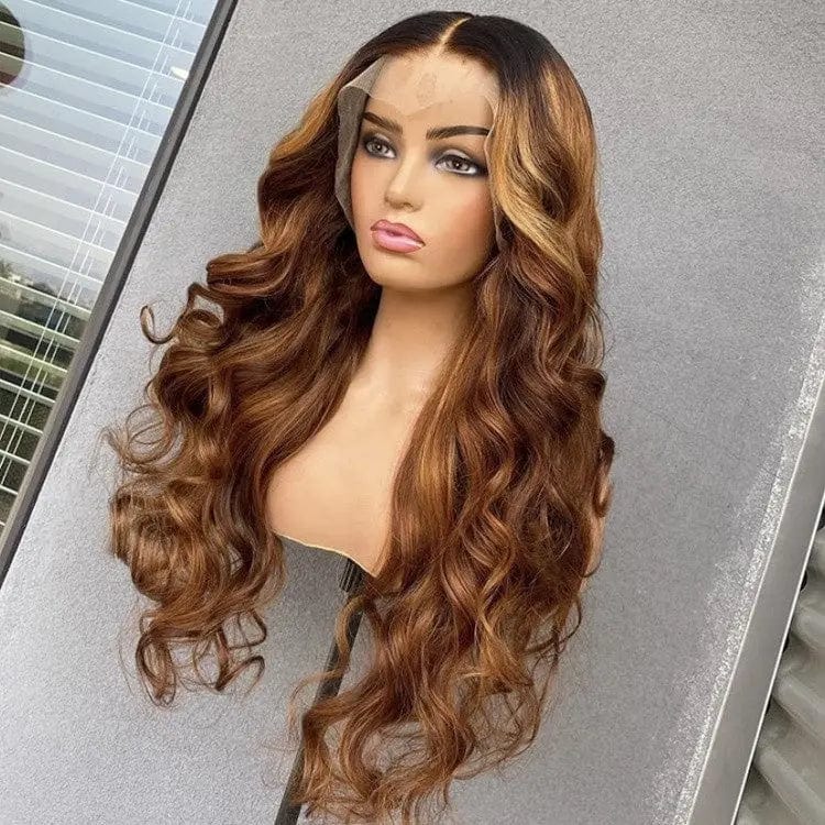 Ombre Brown Black Long Wavy Middle Part Hair Wig Pre Plucked Cuticle Aligned Peruvian Hair Lace Front Wigs