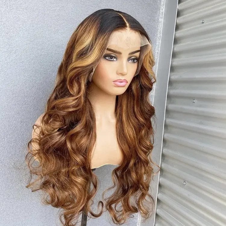 Ombre Brown Black Long Wavy Middle Part Hair Wig Pre Plucked Cuticle Aligned Peruvian Hair Lace Front Wigs