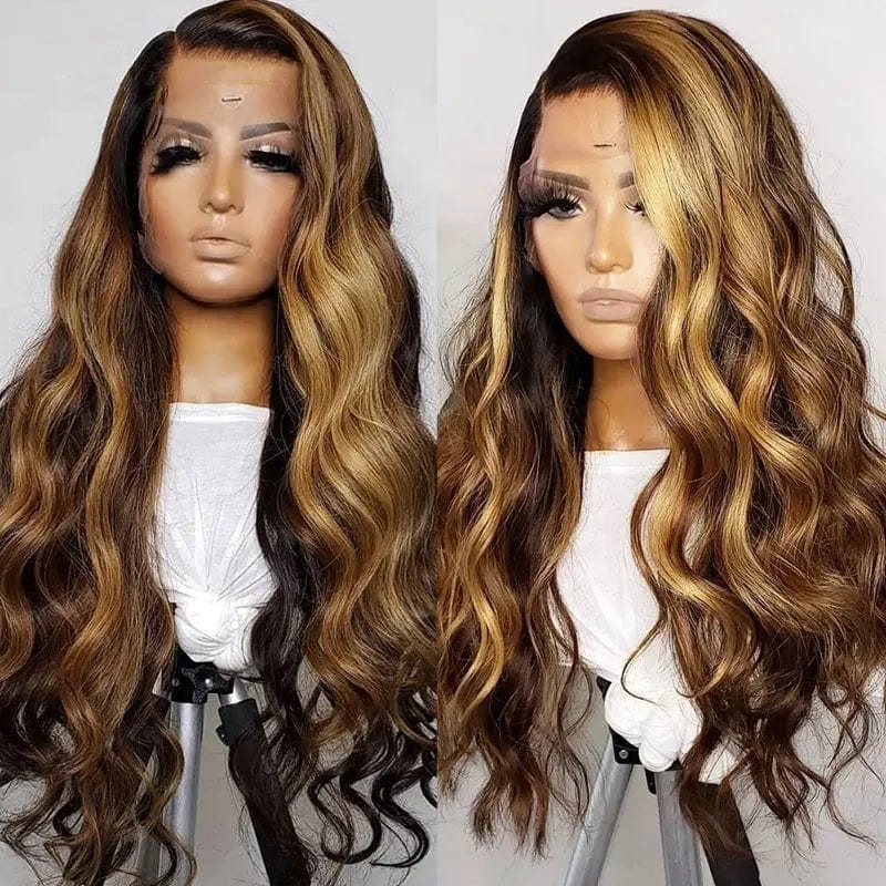 Ombre Brown Blonde Front Lace Wig With Dark Roots Side Part Highlight  Body Wave Brazilian Raw Cuticle Aligned Lace Frontal Wig