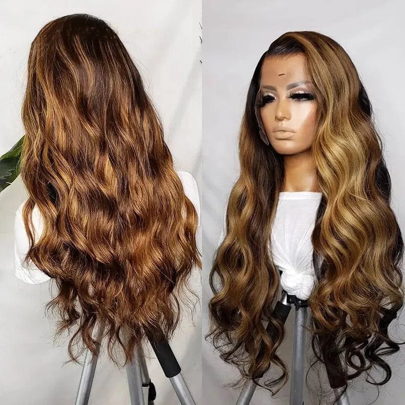 Ombre Brown Blonde Front Lace Wig With Dark Roots Side Part Highlight  Body Wave Brazilian Raw Cuticle Aligned Lace Frontal Wig