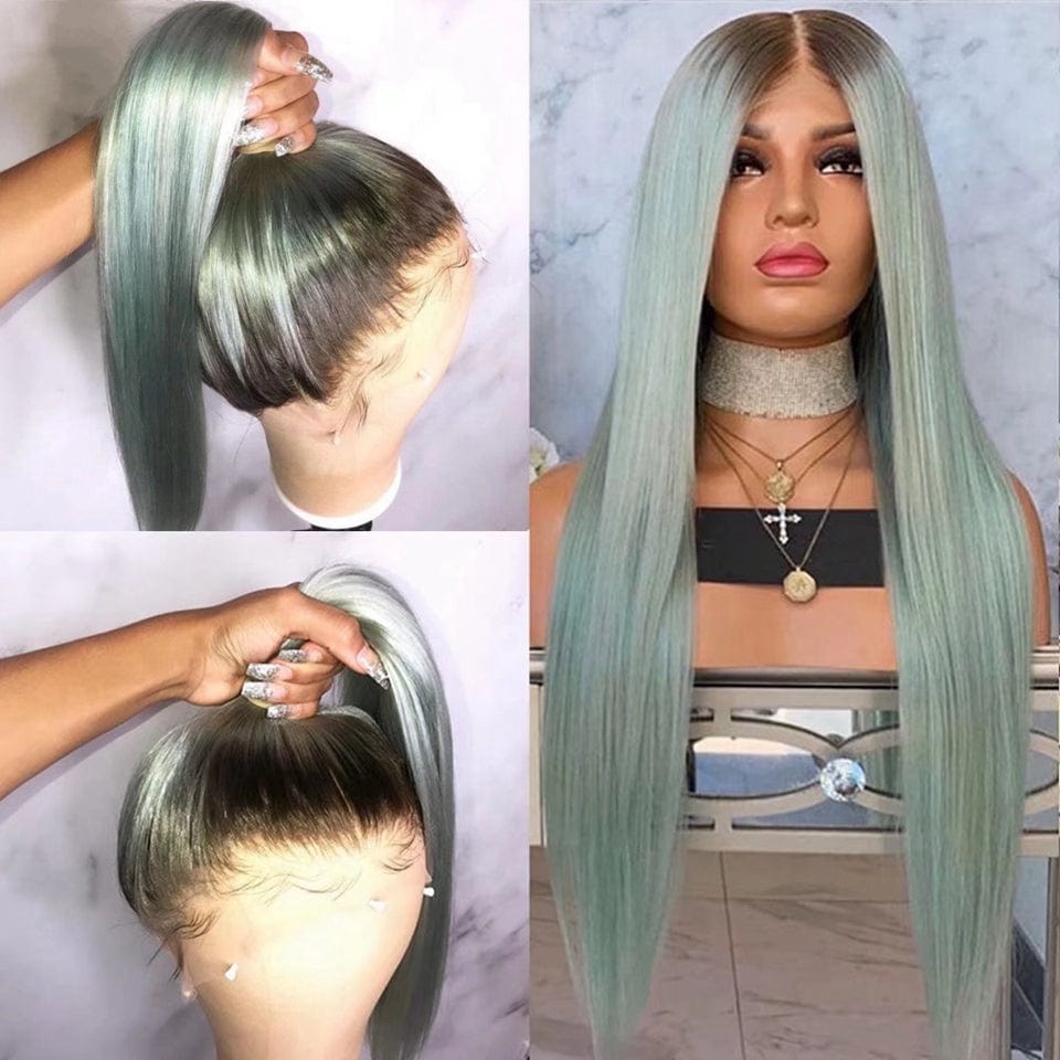 Ombre Light Green Straight 13*4 Transparent HD Lace Front Wigs European Human Virgin Hair Lace Frontal Wig for Women