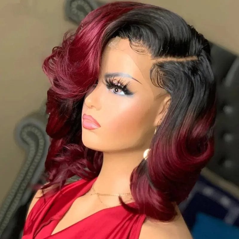 Ombre Red Virgin Human Hair Lace Frontal Wig Side Part Burgundy 99j Baby Hair Pixie Bob Frontal Lace Wigs For Black Women