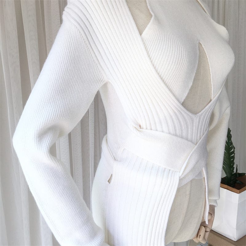 one Size / White Women Sweater Hollow Out Bandage Turtleneck Pullover Sweater Irregular White Knitting Tops Women 2022 New Fashion