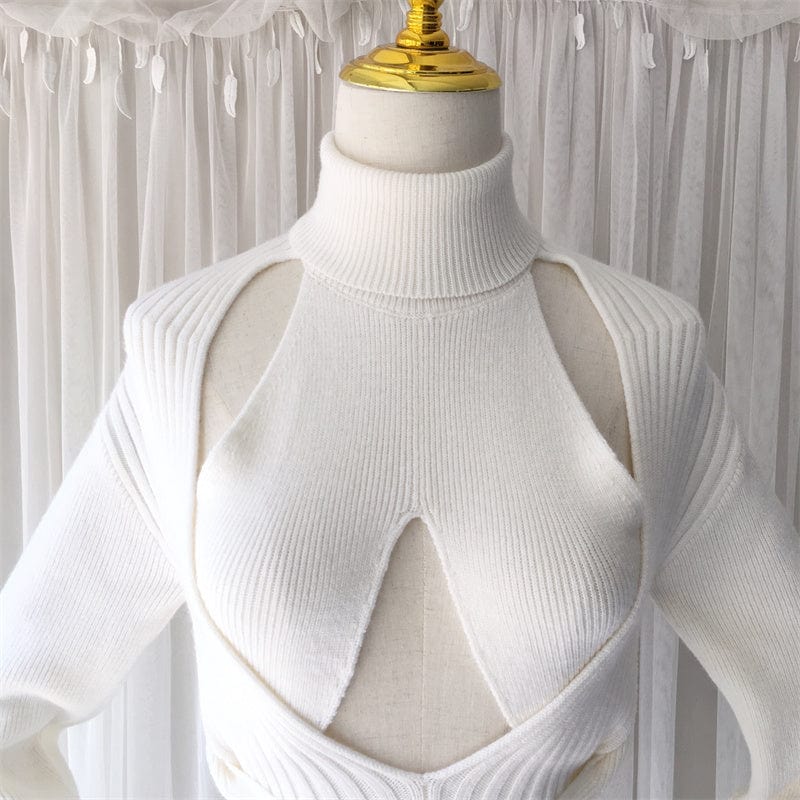 one Size / White Women Sweater Hollow Out Bandage Turtleneck Pullover Sweater Irregular White Knitting Tops Women 2022 New Fashion